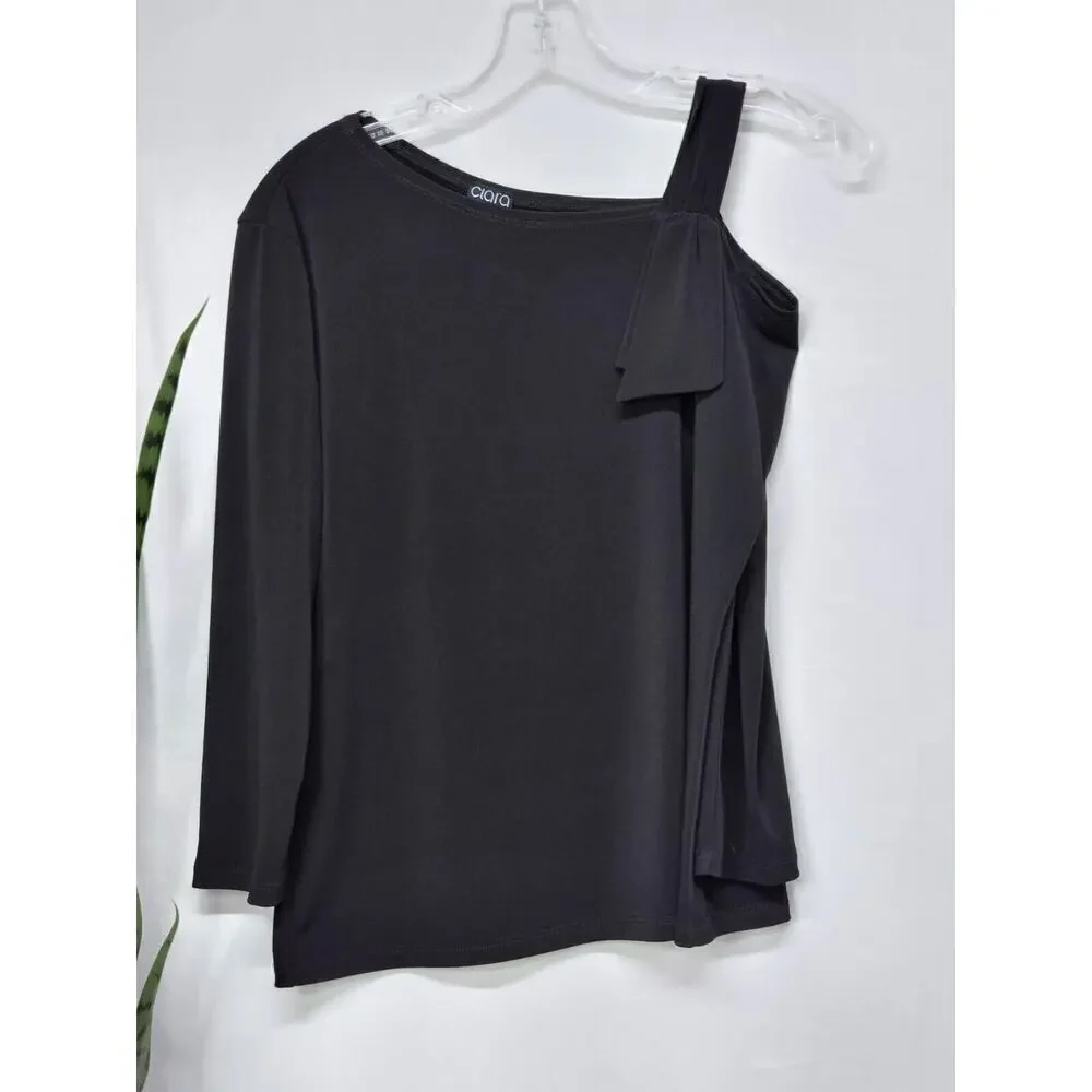 CLARA SUN WOO PEEKABOO SHOULDER DRAPED 3/4 SLEEVE BLACK TOP SIZE SMALL